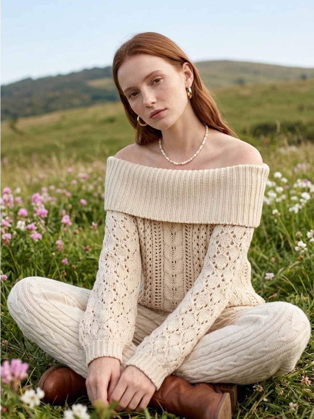Anthropologie Moon & Madison Beige Crochet Knit Sweater Boho Off Shoulder